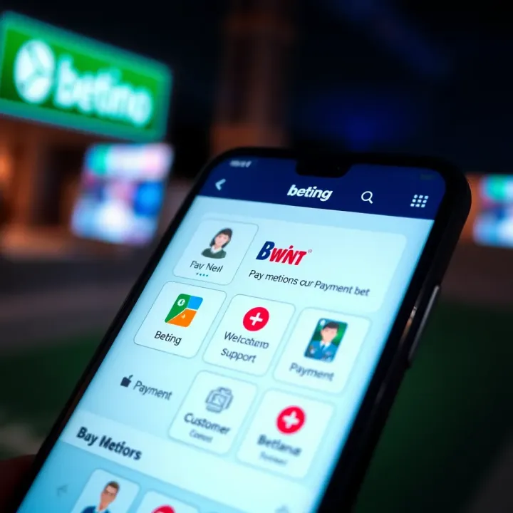 Mobile phone displaying betting app interface with payment options and customer support icons