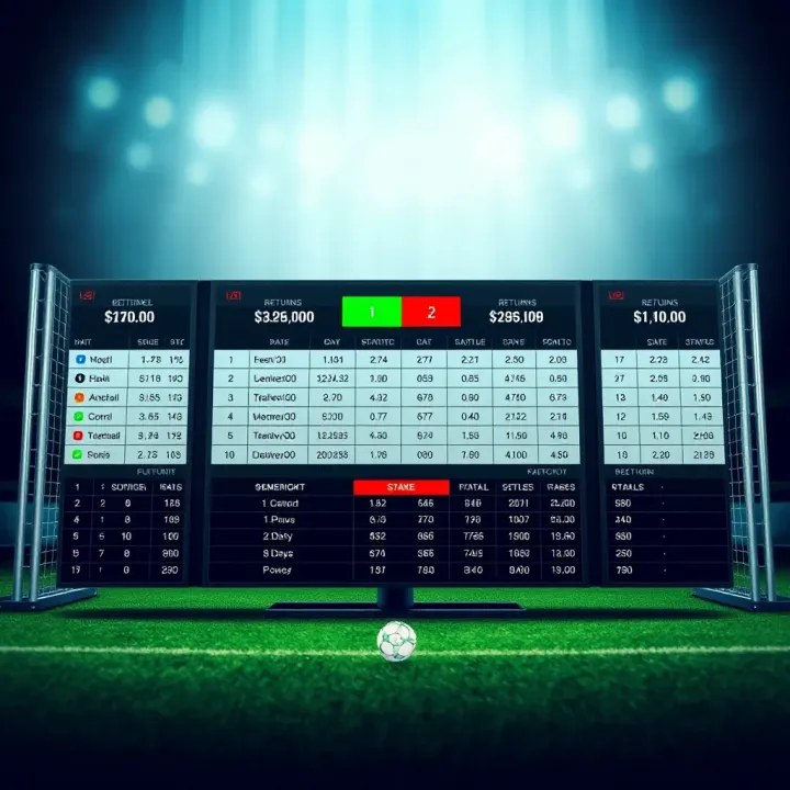 Graphical representation of bankroll management with betting stakes and returns displayed on a sports-themed background