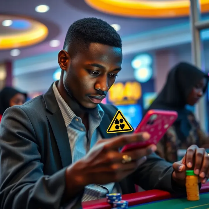 Risk Management Strategies for Nigerian Gamblers on Bwin Platforms Nigerian gambler using a smartphone with cautionary symbols highlighting risk management strategies