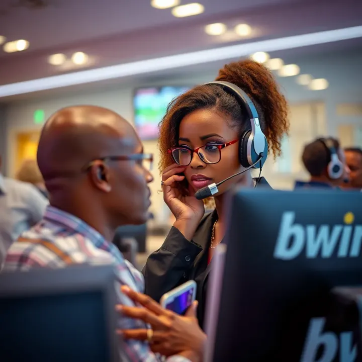 Customer service representative assisting a client with a headset in a bright office environment