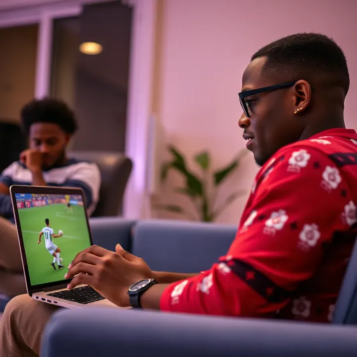Nigerian soccer fan enjoying live match streaming on a laptop using Bwin platform