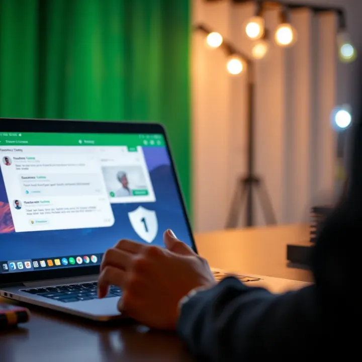 Ensuring Safety When Sharing Personal Details Online Secure online communication concept with a laptop displaying chat and shield icon