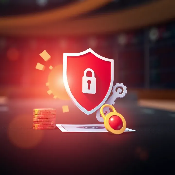 Illustration of secure account management icons including shield, settings gear, and key