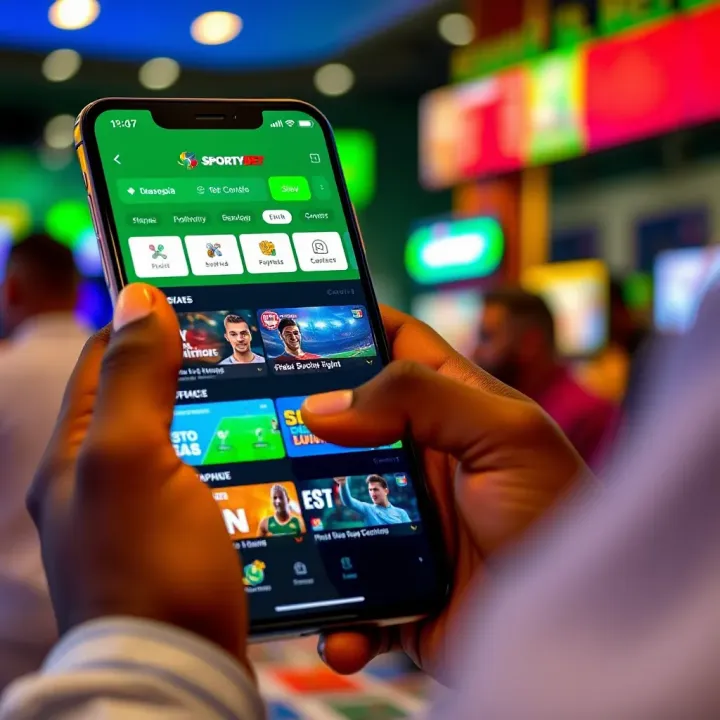 User interacting with SportyBet mobile app showing various sports betting options on screen